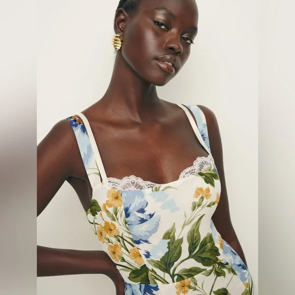 NEW Reformation Irisa Midi Dress in Botanist Cream Blue Green Floral | sz 2 - Picture 4 of 11